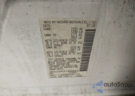 2020 Nissan Murano S Intelligent Awd z USA, uszkodzony, nr VIN 5N1AZ2AS4LN160665